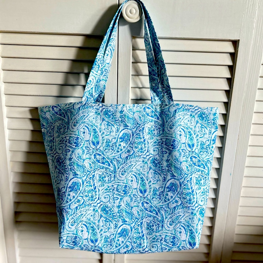 Hand Crafted Fabric Tote Bag Colorful Blue Paisley Market Bag Shoulder Purse - Picture 1 of 10